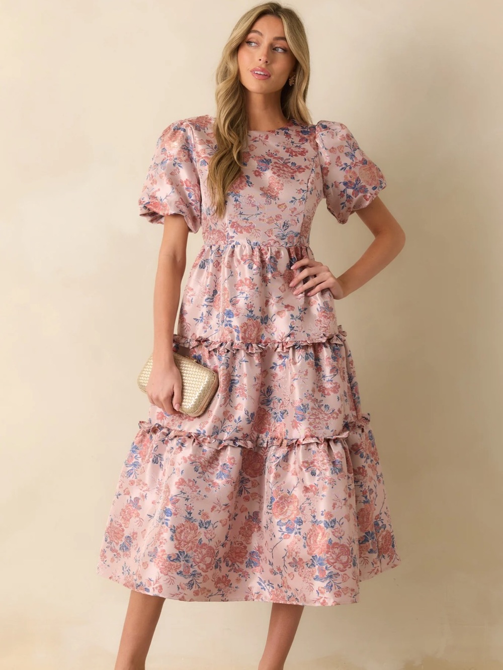 Red Dress Boutique Pink Floral Tiered Midi Dress with Puff Sleeves